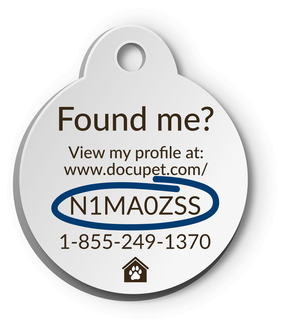 Home<em>Safe</em><sup>&reg;</sup> Pet Tag ID containing the address and phone number to report the pet as well as the ID number of the pet